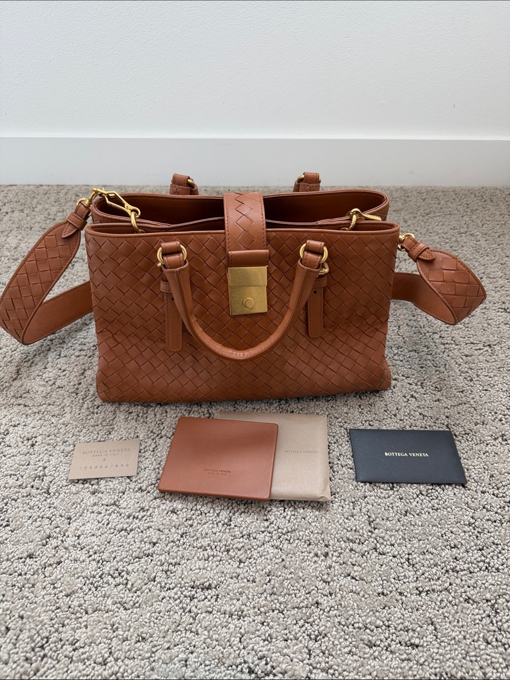 Bottega Veneta Tan Intrecciato Leather Satchel with Gold Hardware